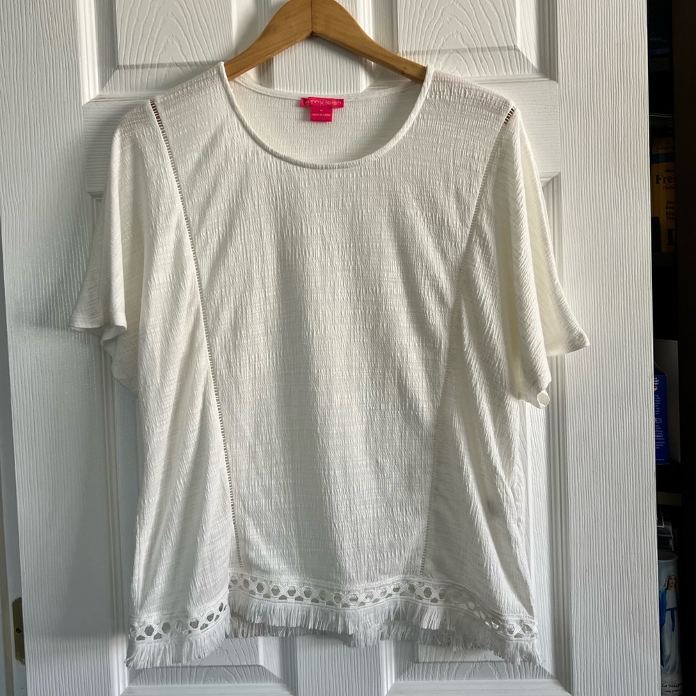 Sunny Leigh White Fringe Peasant Top - Picture 2 of 9